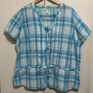 Fashion big plaid shirt with draw cord at waist